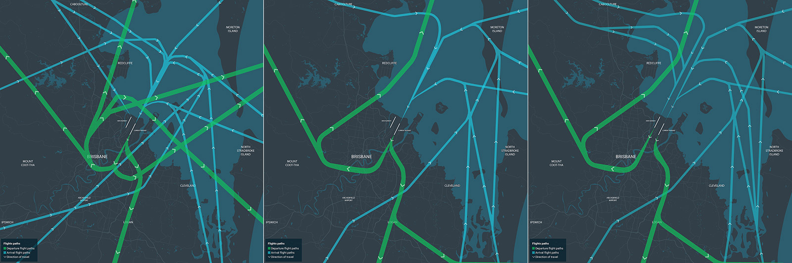 Flight paths for southerly winds: Current | Interim | New