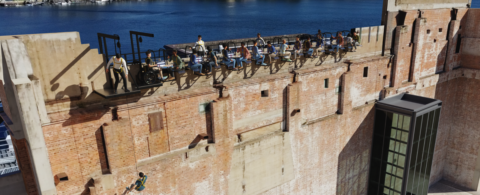 people sitting 0ver the edge of a building